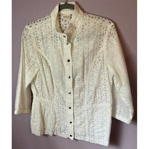 Chico's White Eyelet Jacket Blouse Snap Front 3/4 Sleeves Floral Size 1 Medium